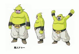 toriyama akira, majin duu, dragon ball, dragon ball daima, concept art,  official art, third-party source, 1boy, arms up, black nails, black sclera,  blue tongue, bracer, character name, clenched hands, colored sclera, colored