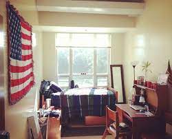 College Dorm Room With American Flag Display Cool Dorm Rooms Single Dorm Room Dorm Room Decor