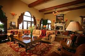 Inside, the spacious living room offers a beamed cathedral ceiling and charming fireplace. Warm Inviting Spanish Style Living Room Decor Modern Design