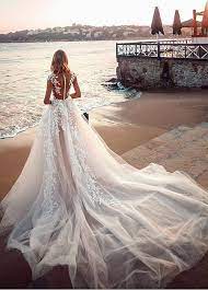 Fantastisk Tyll Juvel Halskjede A Linje Brudekjoler Med Blonder Applikasjoner Ailsabri Beach Wedding Gown Beach Wedding Dresses Backless Summer Wedding Dress