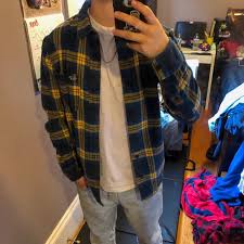 Size small hollister plaid red blue white pants cropped stretch waist c161. Hollister Shirts Blue And Yellow Flannel Plaid Shirt Poshmark