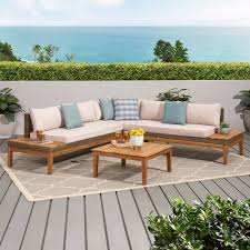 Loft Acacia 4pc Wood Sectional Sofa Set Teak Light Khaki Christopher Knight Home Wicker Patio Furniture Wood Patio Furniture Patio Furniture Sets