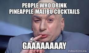 Find and save malibu memes | a low alcohol content liquor that is coconut flavored. People Who Drink Pineapple Malibu Cocktails Gaaaaaaaay You Complete Me Make A Meme