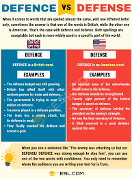 Defence Vs Defense When To Use Defense Or Defence In English 7 E S L In 2020 English Vocabulary Words English Writing Skills Learn English Words
