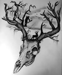 Black And White Deer Skull Tattoo Amazing Deer Skull With An Artistic Story Of Deer Hunting On It Style Black And Gray Color Gray Tags Deer Skull Tattoos Deer Hunting Tattoos Skull Tattoos
