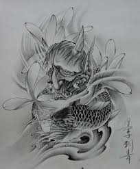 Lotus koi fish tattoo design. Grey Sorowful Devil Head With Big Lotus Flowers And Koi Fish Tattoo Design Tattooimages Biz