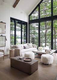 Dreamy Rustic Modern Lake House With Sweeping Vistas Of Lake Joseph Modern Lake House Winter Living Room House Design