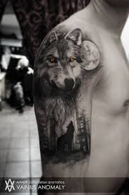 Mystical Looking Colored Upper Arm Tattoo Of Wolf In Forest With Yellow Eyes Tattooimages Biz Wolf Tattoo Sleeve Wolf Tattoos Men Wolf Tattoos For Women
