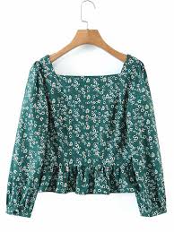 Us $12.99  0 bids shipping: Women Blouse Green Polyester Square Neck Retro Floral Print Long Sleeves Tops Milanoo Com