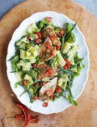 Jamie calls for the sauce to be mixed with the pasta then the bacon and chicken to be scattered on top. 21 Summer Pasta Recipes You Need In Your Life Pesto Pasta Recipes Chicken Pesto Chicken Pasta Garlic Rosemary Chicken