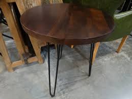 A friend of mine recently updated her oldest son's bedroom: Round Wooden Side Table With Black Metal Hairpin Legs