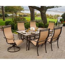 Hanover Monaco 7 Piece Tan Frame Patio Set With Cedar Lowes Com Outdoor Patio Furniture Sets Mainstays Patio Furniture Outdoor Dining Chairs