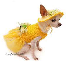 Yellow Dog Tutu Dress With Sun Hat Yellow Polka Dot Dog Dress Chihuahua Dress Cat Clothes Yorkie Dress Crochet Df102 Free Shipping Dog Sweaters Crochet Dog Clothes Dog Clothes Patterns