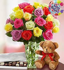 When you're sending flowers and chocolates together to a warmer climate, you want to know they will arrive with the flowers looking fresh and the we're in the business of creating wow experiences for birthdays, anniversaries or when even when you want to send a bouquet of just because flowers. Happy Birthday Assorted Roses 24 Stems With Bear Balloon And Chocolate In Brooklyn Ny Flowers By Emil