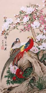 Original Asian Art Chinese Famous Watercolor Painting Golden Birds Lover Flowers Asian Chinese Art Painting Asian Art Art Deco Paintings