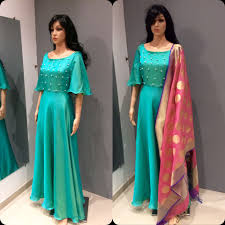 Sea Green Gown With Pearls Brocade Dupatta Fashion Bespoke Fashion Designer Dresses