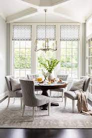 Youre browsing our bergamo dining tables dining kitchen nook where their home without chair in place. Gray Stripe Fabric Dining Chairs At Round Wood Pedestal Dining Table Transitional Dining Room