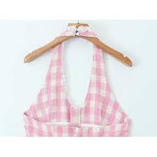 Amazon.com: Women's Backless Halter Plaid Mini Dress with Deep V Neckline for Summer Holiday : Clothing, Shoes & Jewelry