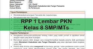 Pada rpp 1 lembar smp kurikulum 2013 semester 2 doc ini admin bagikan secara gratis, jadi anda silahkan download secara free untuk download rpp 1 lembar smp kurikulum 2013 revisi 2020 ini silahkan anda tinggal pilih kelasnya, admin sudah menyediakan rpp 1 lembar dari kelas 7, kelas 8. Rpp 1 Lembar Pkn Kelas 8 Smp Mts Antapedia Com