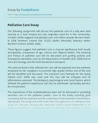 A medical specialty focusing on the relief of pain, symptoms and stress of people affected by serious illness. Palliative Care Free Essay Example
