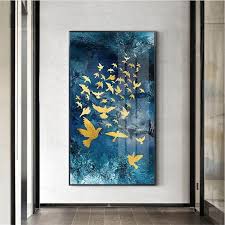 Large Canvas Bird Wall Art Gold Leaf Abstract Painting Canvas Wall Art Pictures For Living Room Home Hallway Wall Decor Original Acrylic Gold Birds Blue Texture Decor Abstract Canvas Painting Bird Paintings On Canvas Large Canvas