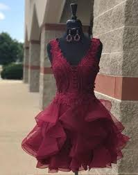 Cute V Neck Lace Tulle Mini Prom Dress Homecoming Dress Burgundy Cocktail Dress Homecoming Dresses Lace Homecoming Dresses Burgundy Homecoming Dresses