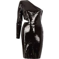 River Island Black Sequin One Shoulder Bodycon Dress 100 Liked On Polyvore Featuring Bodycon Cocktail Dress Sequin Cocktail Dress Long Sleeve Sequin Dress