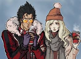 sylvia christel, travis touchdown, no more heroes, highres, 1boy, 1girl,  black hair, blonde hair, blowing, blue eyes, cup, disposable coffee cup,  disposable cup, eyeshadow, gitarooboy, gloves, hand on anothers arm,  hat, holding,