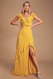 Love From Above Mustard Yellow Ruffled Surplice Maxi Dress Mustard Yellow Bridesmaid Dress Yellow Maxi Dress Backless Maxi Dresses
