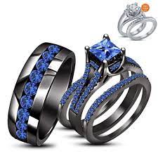 14k Black Gold Fn 925 Silver Blue Sapphire Engagement Ring Trio Set Free Gift Wedding Ring Trio Sapphire Engagement Ring Blue Black Wedding Rings
