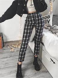 Aesthetic Black And White Plaid Pants Outfit Casual Everyday Fit Plaid Trousers In 2020 Aesthetic Clothes Grunge Fashion Soft Cute Casual Outfits