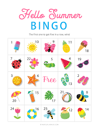 There are 4 different versions of the card so that you don't have everyone getting bingo at once. Free Printable Hello Summer Bingo Summer Bingo Summer Bingo Cards Bingo For Kids