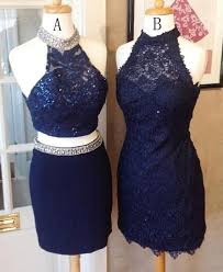 Stunning Two Piece Halter Navy Blue Sheath Homecoming Dress With Beading Lace Tight Prom D Homecoming Dresses Tight Piece Prom Dress Navy Blue Homecoming Dress