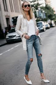 Black And White Blazer Womens Outfit Blonde Woman Wearing Tan Striped Blazer White Tshirt Denim Ripped Jeans White Pumps Celine A White Ripped Jeans Outfit Spring Outfits Casual White Pumps Outfit