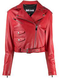 Just Cavalli Cropped Biker Jacket Farfetch In 2021 Red Leather Jacket Outfit Cropped Biker Jacket Jackets