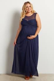 Navy Blue Mesh Neckline Ruched Bust Plus Size Evening Gown Plus Size Maternity Dresses Maternity Bridesmaid Dresses Maternity Evening Gowns