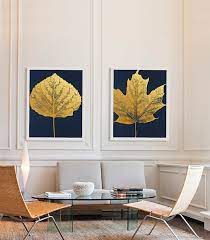 Two Gold Leaf Art Prints Beautiful Art Living Room Decor Gold Etsy Gold Living Room Decor Living Room Art Navy Blue Decor Living Room