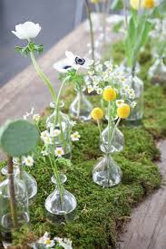 Small Vases Atop Moss As A Centerpiece So Cute Moss Table Runner Summer Table Decorations Wedding Centerpieces