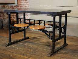 American industrial table with four iron swing arm seats from a boston public school, with a newer top made from vintage pine. Breakfast Kitchen Dining Table With Swing Out Seats Chairs Metal Iron And Wood For Sale At 1stdibs