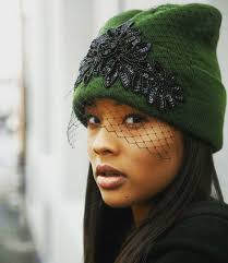 Embellished Knit Beanie With Birdcage Veil
