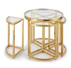 Petite Wedge Shaped Tables Nestle Together To Form A Single Circular Table Within The Steel Majestic Side Table Set Side Table Glass Side Tables Nesting Tables