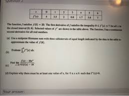 For the given table of values, the calculator will approximate the definite integral using the riemann sum and the sample points of your choice: Question 2 0 5 6 3 5 2 0 8 1 7 5 8 7 The Function Chegg Com