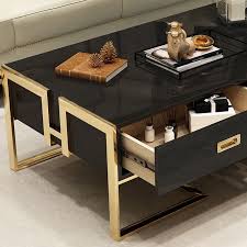 Jocise Contemporary White Black Rectangular Storage Coffee Table With Drawers Lacquer Gold Base In 2020 Coffee Table With Storage Coffee Table Coffee Table With Drawers