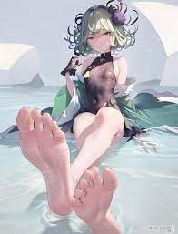 ai generated anime anime style bare legs barefoot feet feet  fetish feet up foot fetish foot focus green eyes green hair one-punch man  skinny small breasts soles solo solo