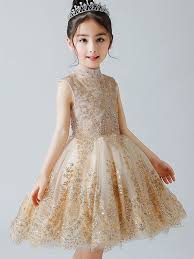 Gold Sequined Lace Stand Collar Sleeveless Fluffy Dress Flower Girl Dress Lace Kids Gown Long Sequin Dress