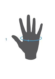 Take a cm tape measure and put it around the hand in the widest spot. Size Charts