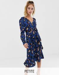 Boohoo Petite Exclusive Wrap Midi Dress In Blue Leopard Print Party Wear For Women Latest Fashion Clothes Boohoo Petite