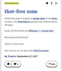 TOP DEFINITION thot-free zone A thot-free zone is a place or group chat of  only bros, no hoes. The Thot Patrol operates out of these when off-duty.  Dude, all these thots are