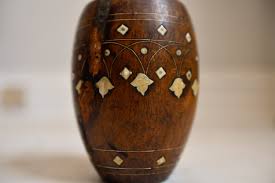 Central Asian Vintage Rosewood and Inlaid Bone Wooden Ceremonial Vessel  Vase Bowl Tribal World Handcrafted Decor