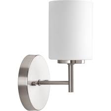Its opal glass shade features quilted geometric embossing, supported by a brushed nickel base. Progress Lighting Replay 5 1 In 1 Light Brushed Nickel Bath Sconce With Etched Opal Glass Shade P2131 09 The Home Depot Progress Lighting Indoor Wall Sconces Bathroom Sconces